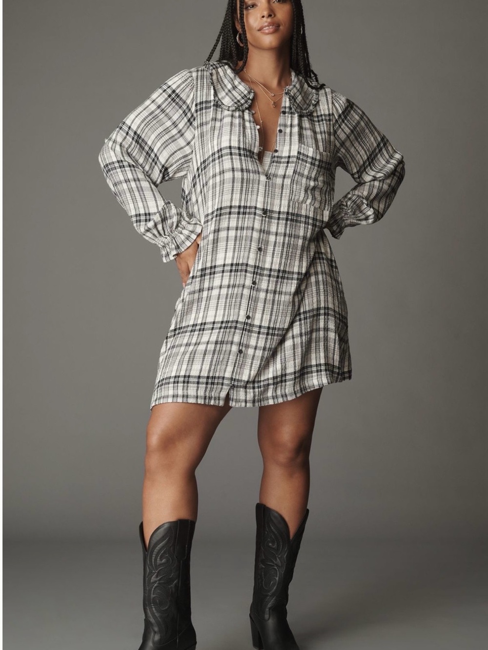 Anthropologie Pilcro Keira long-sleeve mini dress black and White Plaid NWOT